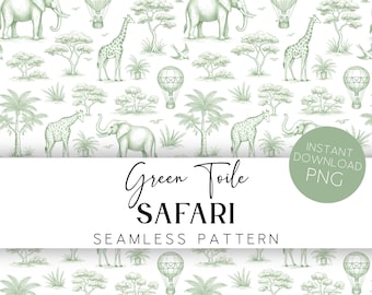 Green Toile de Jouy Safari Seamless Pattern Chinoiserie Nursery Digital Paper Printable Fabric Background NT1
