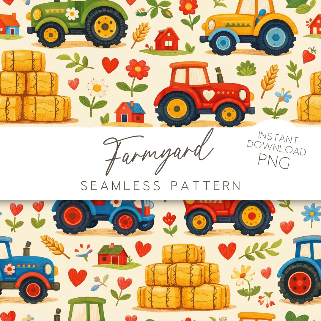 Farm Tractor Seamless Pattern PNG Kids Farm Vehicles Pattern Tractor ...