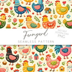Może przedstawiać: Bezszwowy wzór z kolorowymi, stylizowanymi kurczakami, kwiatami i małymi domkami na kremowym tle. Tekst "Farmyard Seamless Pattern" jest wyświetlany czcionką skryptową. Widoczne są również słowa "Instant Download PNG".