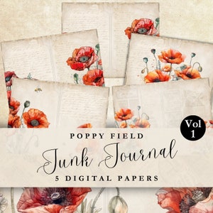 Lot de papier numérique vintage fleur de pavot, page imprimable pour journal indésirable, paquet de papier fleur de pavot, fournitures de scrapbooking, papier numérique