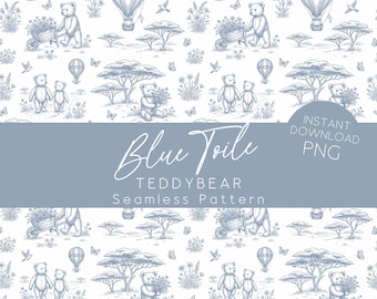 Blauwe toile teddybeer naadloos patroon PNG babyjongen kinderkamer toile patroon vintage teddybeer behang ontwerp klassiek decor Franse toile NT1