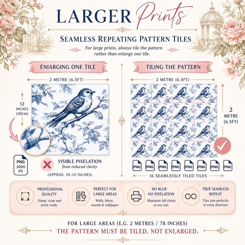 May include: An informational graphic about seamless repeating pattern tiles for large prints. The graphic shows a blue and white bird design, with text explaining the importance of tiling the pattern rather than enlarging it. The graphic is 2 meters (78 inches) wide.