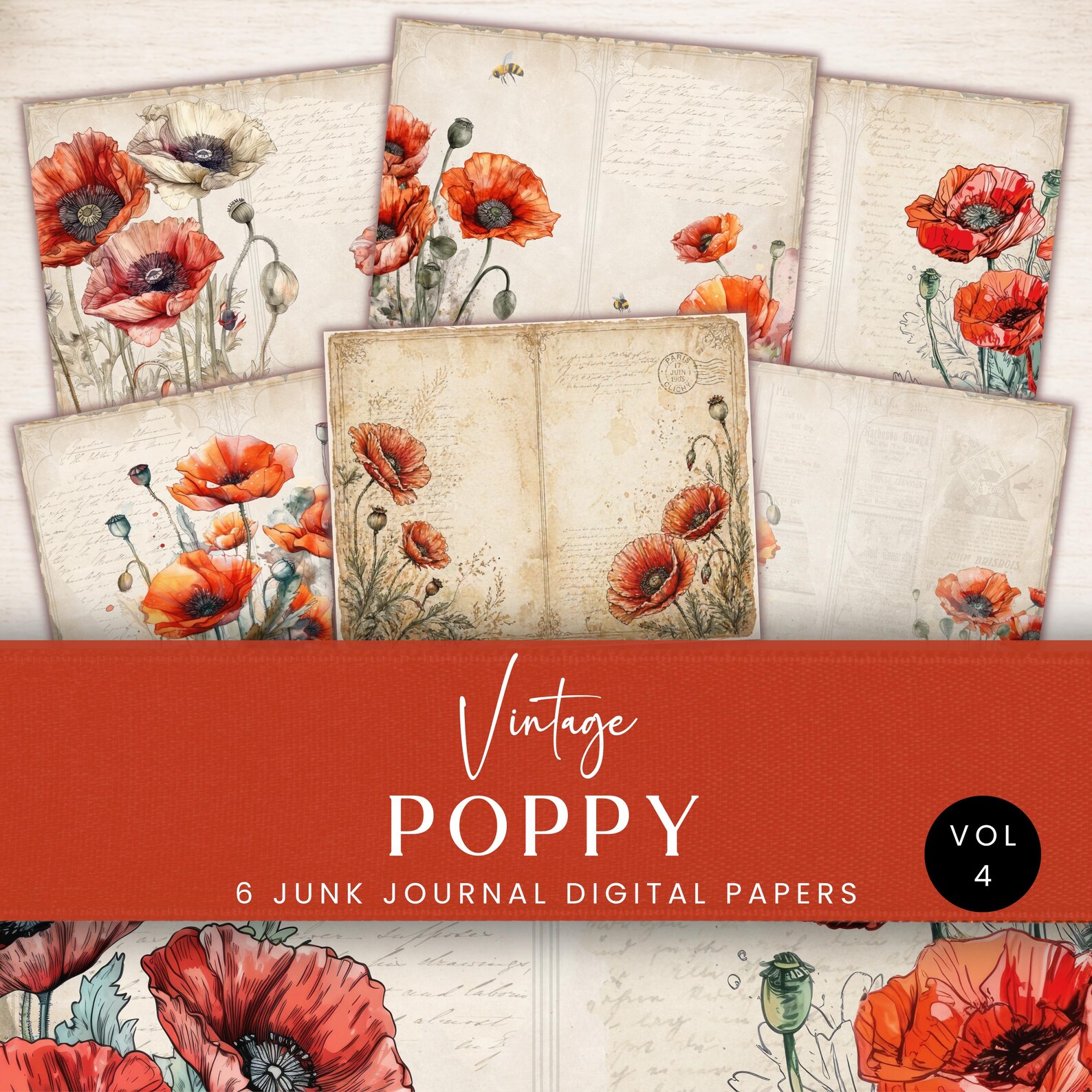 Vintage Poppy Flower Digital Paper Bundle Printable Page for Junk ...