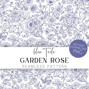 May include: A seamless pattern with a blue floral design on a white background. The pattern includes roses, daisies, and other flowers. Text reads "blue Toile GARDEN ROSE SEAMLESS PATTERN" and "INSTANT DOWNLOAD PNG".