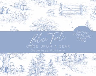 Woodland Animal Blue Toile de Jouy Seamless Pattern Chinoiserie Nursery Digital Paper Printable Fabric Background Vintage Storybook Bear NT1