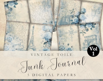 Blue Toile Junk Journal Digital Paper Floral Printable Junk Journal Page Ephemera Collage Sheet 11x8.5 Digital Paper For Craft Digital Paper