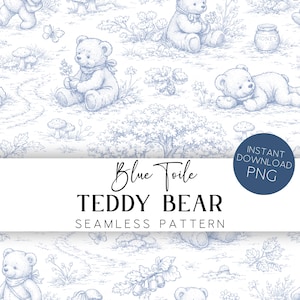 Puede incluir: Patrón sin costuras de osos de peluche azules en un diseño toile. El diseño incluye osos, árboles, flores y setas. El texto "Blue Toile TEDDY BEAR SEAMLESS PATTERN" es visible.