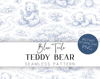 Vintage Teddy Bear Toile Seamless Pattern PNG Blue Nursery Wallpaper Design Printable Fabric & Craft Pattern NT1