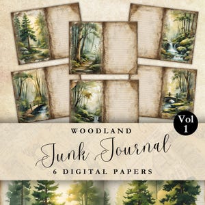 Kit per scrapbooking con collage di foresta e acquerello, vintage, stampabile, effimera, albero, natura, sfondo del bosco