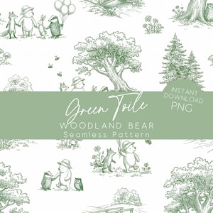 May include: A green toile seamless pattern with woodland creatures, including bears, foxes, and rabbits. The design features a repeating pattern of forest animals and trees. The text "Green Toile" and "Woodland Bear Seamless Pattern" is visible.