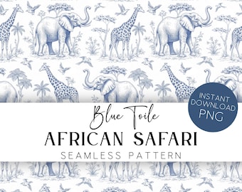 Safari Blue Toile de Jouy Seamless Pattern Chinoiserie Nursery Digital Paper Printable Fabric Background NT1