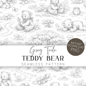 Puede incluir: Patrón sin costuras con osos de peluche dibujados en un entorno forestal. El diseño incluye setas, mariposas y un tarro de miel. El texto "Grey Toile TEDDY BEAR SEAMLESS PATTERN" se muestra debajo.