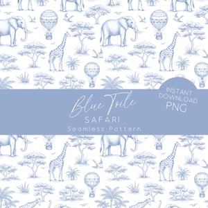 Puede incluir: Un patrón sin costuras en azul y blanco con animales de safari, árboles, globos aerostáticos y pájaros. El texto "Blue Toile Safari Seamless Pattern" se muestra en una pancarta azul claro. Las palabras "Instant Download PNG" están en un círculo.