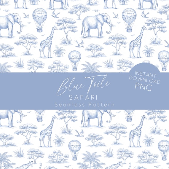 Blue Toile de Jouy Safari Seamless Pattern Chinoiserie Nursery Digital Paper Printable Fabric Background NT1