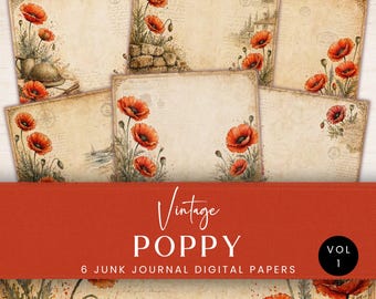 Strony dziennika z makami w stylu vintage, papier do scrapbookingu do druku, efemeryda z okazji Dnia Pamięci, czerwony kwiatowy papier cyfrowy, dziennik ze śmieciami do pobrania JJ02