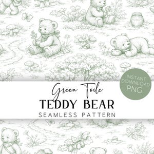 Peut inclure: Un motif sans couture de style toile de Jouy vert avec des ours en peluche, des papillons, des champignons et du feuillage. Le texte "Green Toile TEDDY BEAR Seamless Pattern" est affiché. Un graphique circulaire indique "Instant Download PNG".