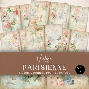 May include: A collection of vintage-style digital papers with floral and script designs. The papers feature a soft color palette of pink, blue, and cream, with distressed edges. The text on the papers includes the words "Vintage Parisienne" and "6 Junk Journal Digital Papers".