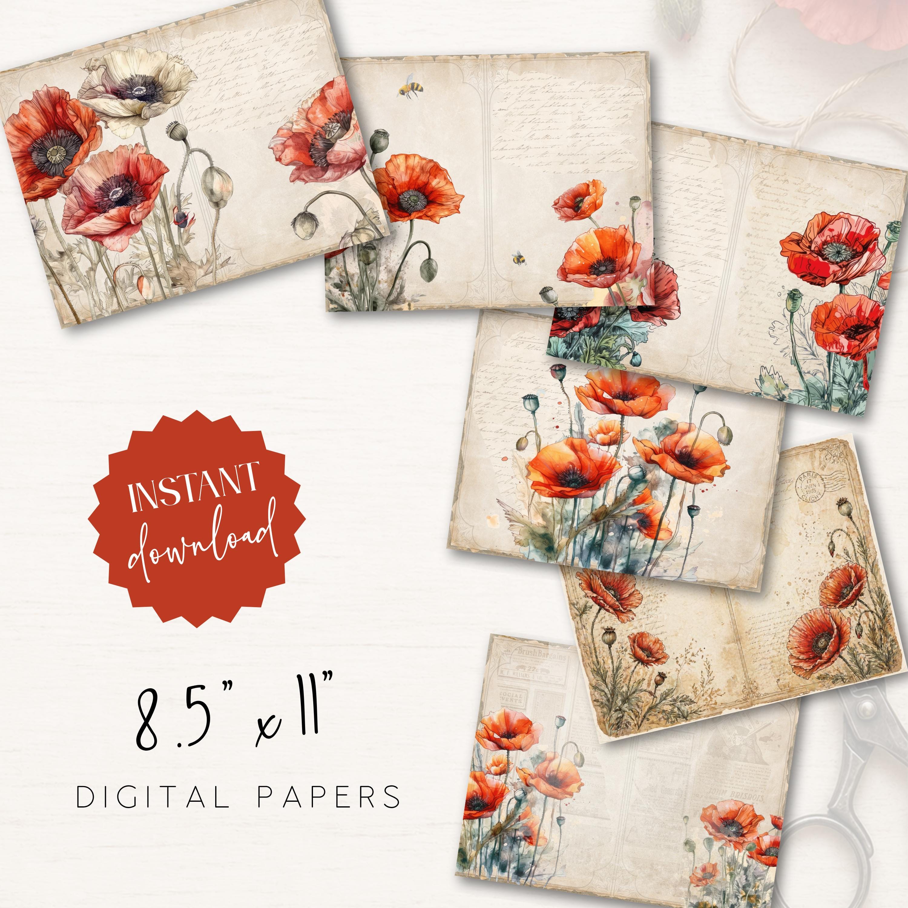 Vintage Poppy Flower Digital Paper Bundle Printable Page for Junk ...