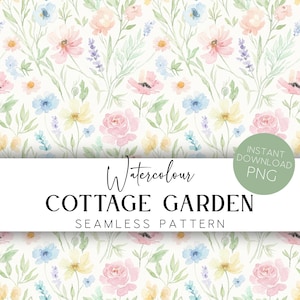 Könnte beinhalten: Nahtloses Aquarell-Blumenmuster mit einem Cottage-Garten-Design. Das Muster zeigt rosa, blaue, gelbe und lavendelfarbene Blumen mit grünen Blättern auf weißem Hintergrund. Der Text lautet "Watercolour COTTAGE GARDEN SEAMLESS PATTERN".