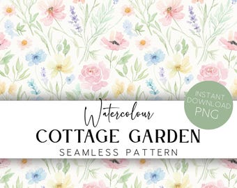 Watercolour Cottage Garden Seamless Pattern Pastel Floral Digital Paper Spring Botanical Fabric Print Instant Download PNG GM1