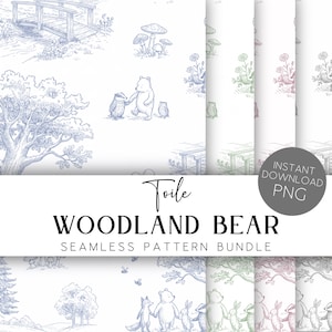May include: A seamless pattern bundle with woodland animal designs in a toile style. The patterns feature bears, badgers, and other forest creatures in various colours. Text reads "Toile WOODLAND BEAR SEAMLESS PATTERN BUNDLE".