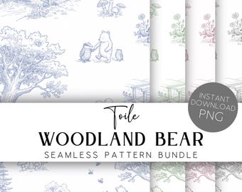 Nursery Bear Toile Seamless Pattern Bundle Blue Sage Pink Grey Storybook Bear Toile Digital Paper Baby Nursery Background PNG NT1