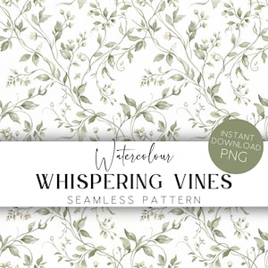 Könnte beinhalten: Nahtloses Aquarellmuster mit zarten grünen Weinranken und kleinen weißen Blüten auf weißem Grund. Der Text "Whispering Vines" ist in eleganter Schrift dargestellt, mit "Instant Download PNG" in einem grünen Kreis.