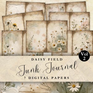 Rustikales druckbares Junk Journal Papier Kamille Daisy Collage gealterter Hintergrund Grungy digitales Papier für Vintage Scrapbook und Bastelprojekt