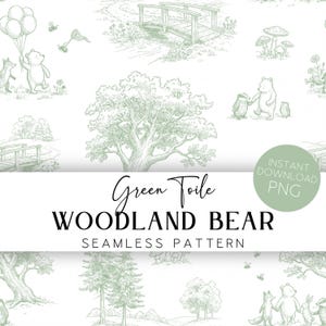 May include: A seamless pattern featuring a woodland theme with bears, foxes, and other forest elements in a soft green color. The design includes trees, bridges, and insects, with the text "Green Toile WOODLAND BEAR SEAMLESS PATTERN".