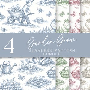 May include: A seamless pattern bundle with a garden theme. The patterns feature illustrations of children gardening, butterflies, and garden tools in blue, green, and pink tones. The text "4 Garden Grow Seamless Pattern Bundle" is displayed.