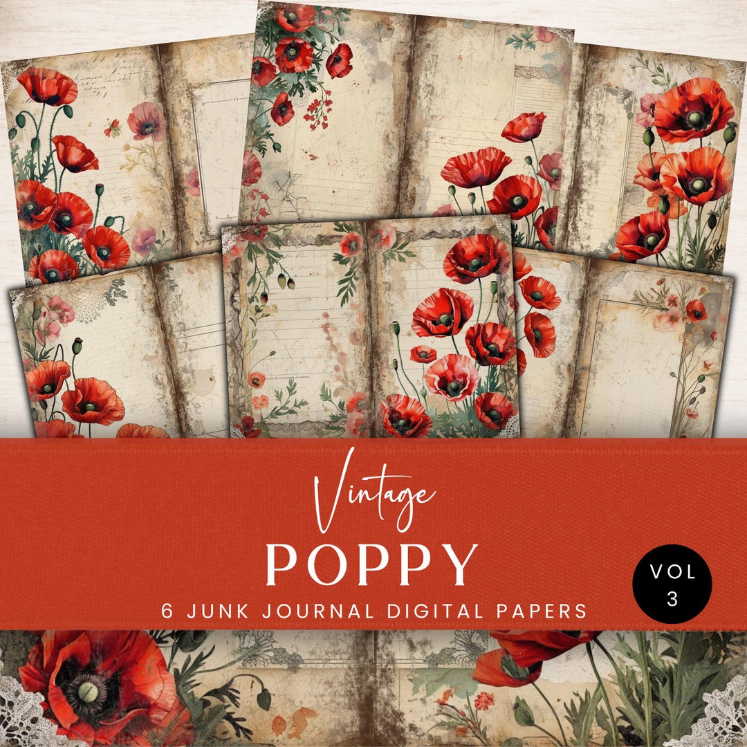 Poppy Flower Digital Paper Bundle Printable Scrapbooking & Junk Journal ...