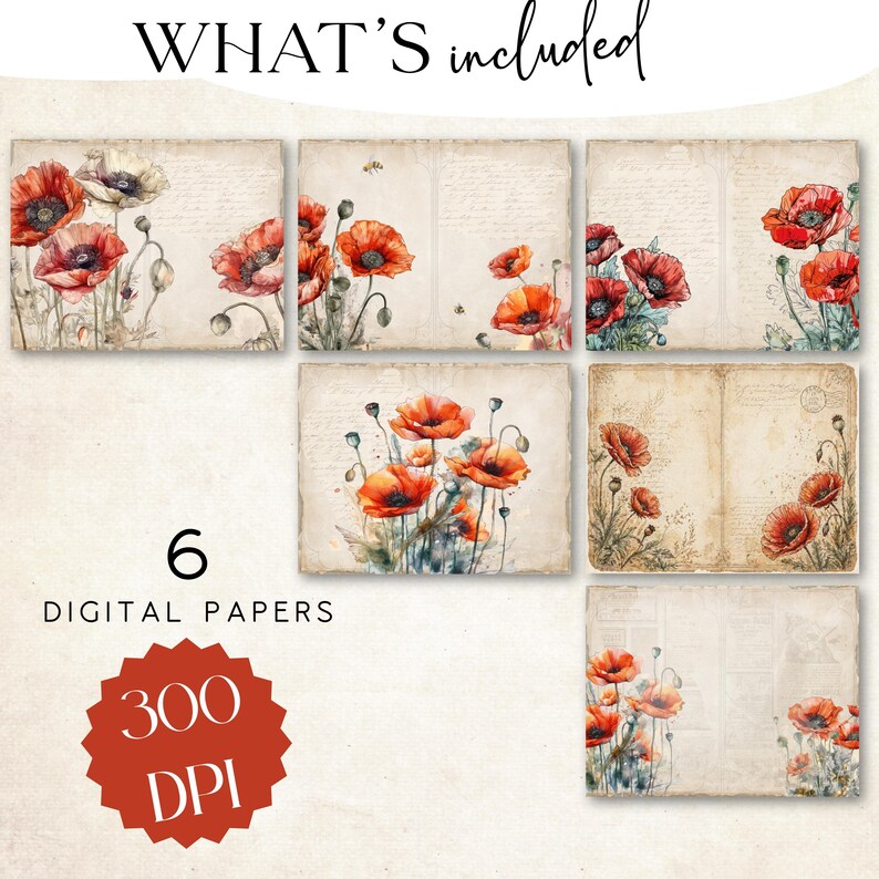 Vintage Poppy Flower Digital Paper Bundle Printable Page for Junk ...