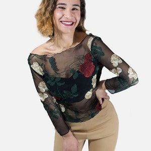 Mesh, black jersey, tulle jersey, embroidered tulle jersey, jersey with neckline on the back