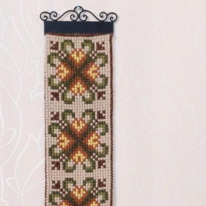 Vintage Scandinavian Cross-Stitch Wall Hanging –Folk Art Embroidered Textile – Rustic Nordic Tapestry with Floral Geometric Design-Farmhouse