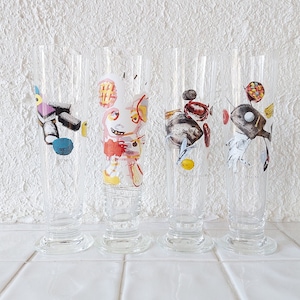 4 LASSE ÅBERG LARGE beer glasses swedish retro vintage design big colourfull picture signed glass