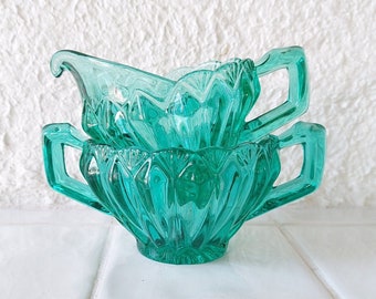 Vintage Glass Creamer and Sugarbowl in turquoise colour