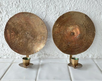 A pair of vintage classy round brass candelholders wall candle sconces, art deco style.