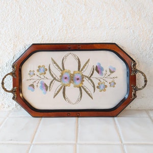 Rare Art Deco Vintage Floral Embroidered Serving Tray - Glass Top, Ornate Handles, Shabby Chic Farmhouse Decor&quot; Wooden Vintage Tray.