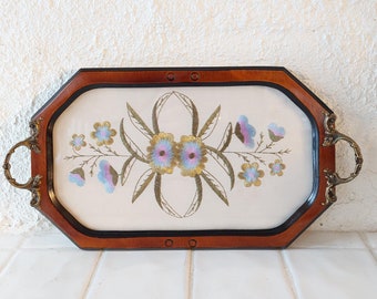 Rare Art Deco Vintage Floral Embroidered Serving Tray - Glass Top, Ornate Handles, Shabby Chic Farmhouse Decor" Wooden Vintage Tray.