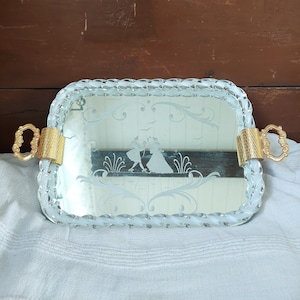 VINTAGE MURANO SERVING tray glass etched mirror base hand painted, Italian luxuryous coffee tray, serving tray from 1950/60s.