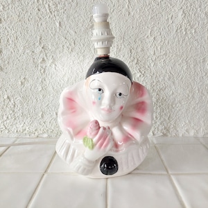 Retro lampa pierrot ceramiczna, vintage czarno-biała ceramiczna lampa klauna