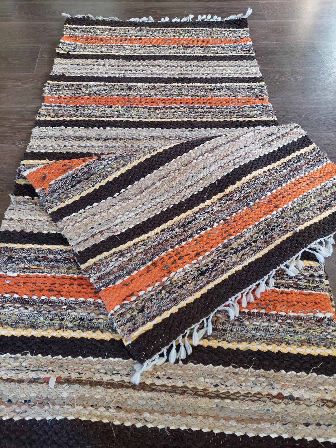 Vintage Long Scandinavian Rag Rug Earthy Orange Brown Woven Runner Rug ...