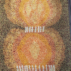 Rare Vintage Finnish Rya Rug “Lyhdyt” by Elsa Koivu 1960s 1970s Mid-Century Modern Wool Wall Hanging or Carpet Orange Brown Retro Shag Rug