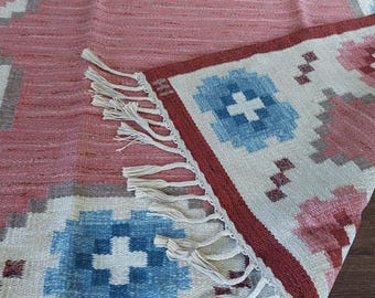 Large Signed Swedish Röllakan Rug Vintage Handwoven Wool Floral Border Pink Scandinavian Flatweave