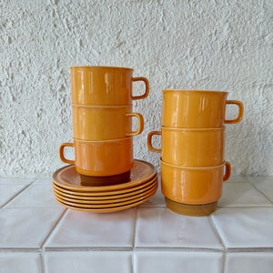6 EGERSUND UNIQUE teacups with saucers. Vintag/Retro handpainted and designed by Kåre Blokk Johansen 1970-1976. Norwegian/Scandinavian