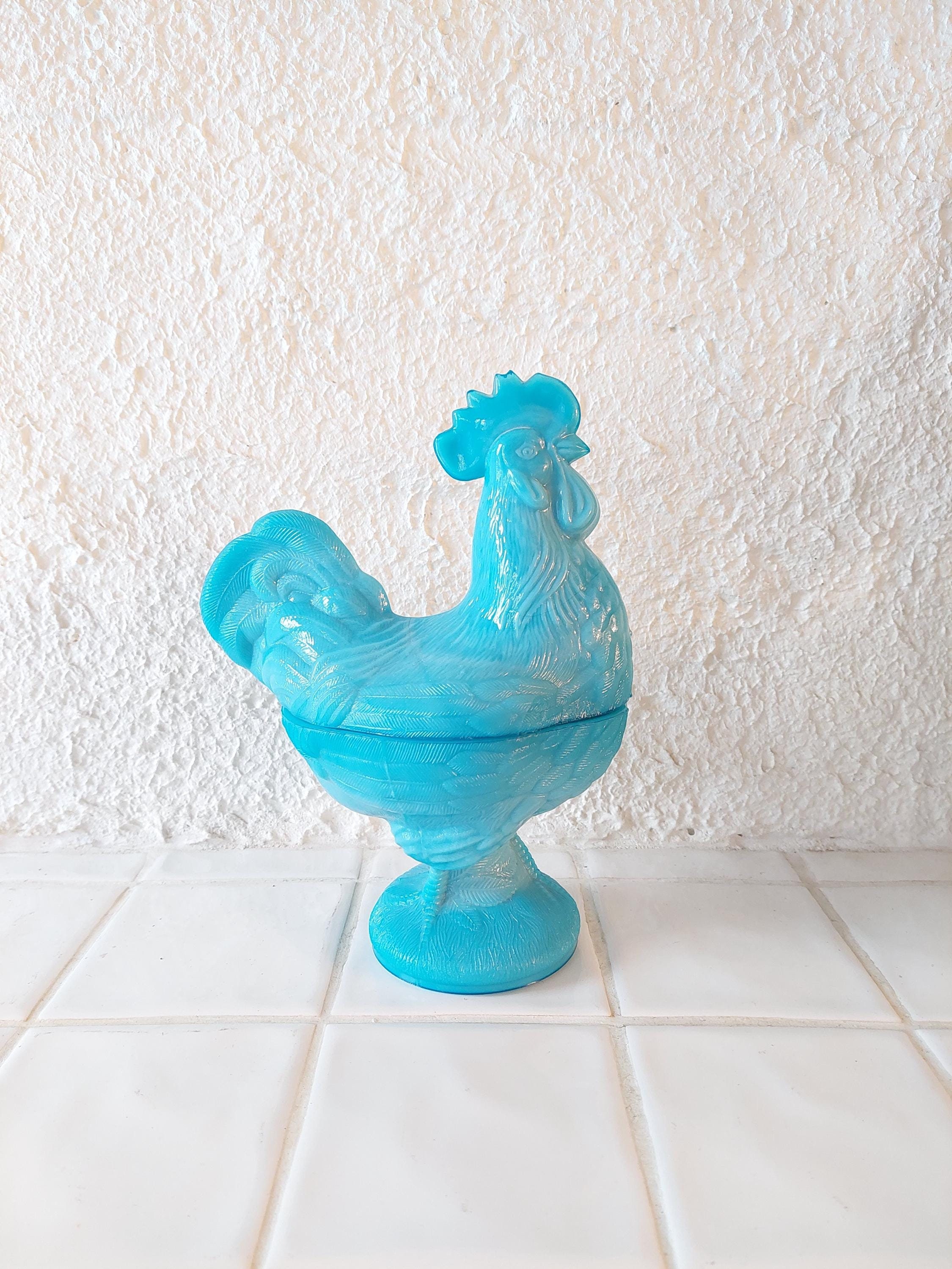 Milk Blue Slag Glass Rooster Covered Candy Dish – Farmhouse Easter