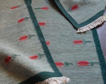 Vintage Swedish Röllakan Runner Rug Handwoven Wool Tulip Design Scandinavian Home Decor (60x130cm)