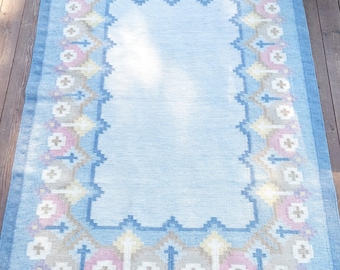 Vintage Swedish Röllakan Rug Handwoven Geometric Floral Wool Design Scandinavian Flatweave (144x192 cm)