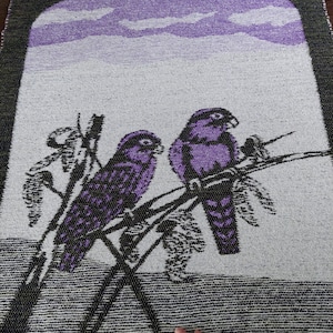 Large Vintage Scandinavian Woven Wall Hanging – Purple Birds on a Branch, Mid-Century Textile Art- Finnish Wall Tapestry- Nordic Farmhouse