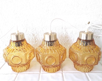 Set of 3 Amber Glass Lamps Mid-Century Modern Honeycomb Ceiling Lights Orange Window Lighting